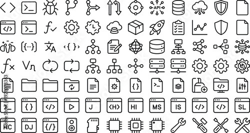 Set of 100 Black Outline Programming and Development Vector Icons