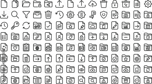 Set of 100 Black Outline Document and Folder Icons Vector