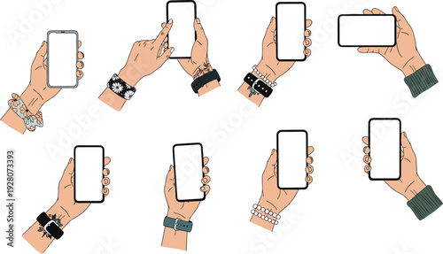 hands holding smartphones illustration, diverse accessories, blank screen mobile, wristbands and watches, flat vector art, communication concept, digital lifestyle, modern design