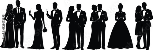 Elegant couples in evening attire silhouettes, formal gala illustration, wedding reception vector drawing, prom night celebration art, sophisticated social event design