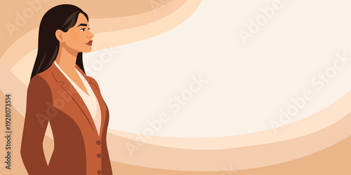 Women's Day, March 8, Equality Day. Vector banner, confident businesswoman in profile. Modern design. Empowerment, feminism, freedom. Suitable for presentations, leadership, and motivational materials
