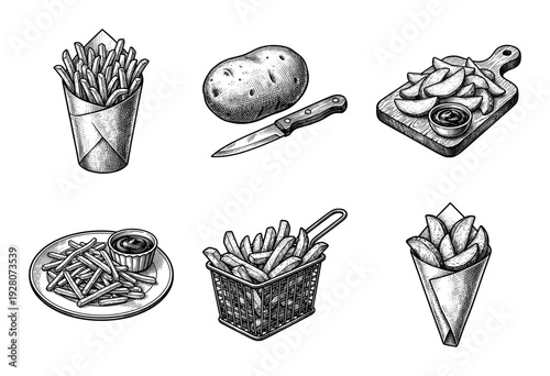 Set of vintage hand drawn potato snacks including french fries and wedges in woodcut engraving style