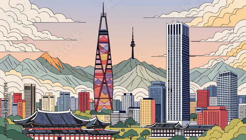 Traditional East Asian Architecture Blends With Modern City Skyline Featuring Tall Buildings Against Mountain Backdrop seoul skyline vector