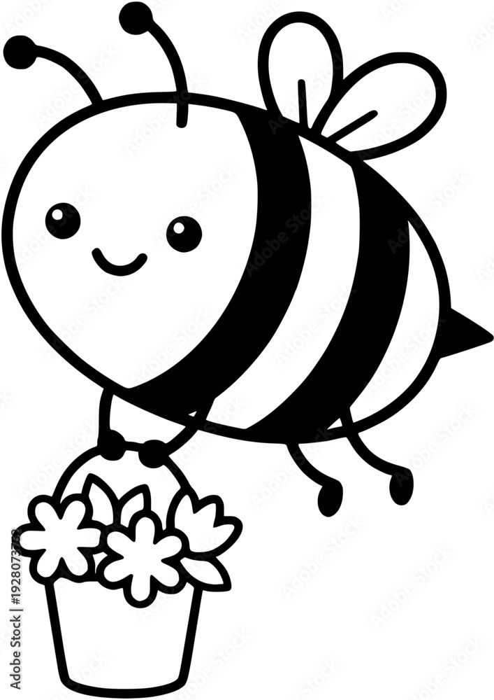 Naklejka premium Cute kawaii bee flying with flower bucket spring vector