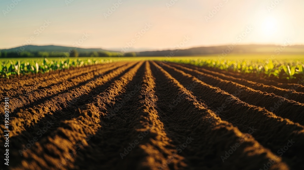 Fototapeta premium A picturesque farm field featuring freshly tilled soil with vibrant green sprouts under sunlight