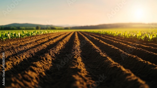 A picturesque farm field featuring freshly tilled soil with vibrant green sprouts under sunlight