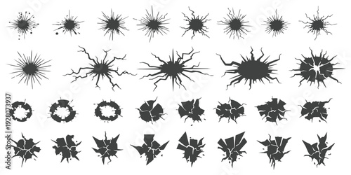 Collection of black grunge bullet holes cracks and impact splatters vector illustration for destruction and damage design elements