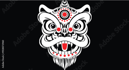 Traditional Asian mask illustration, Chinese dragon dance, Balinese lion ceremonial art, bold black white red vector, cultural festival design, ornate symmetrical pattern