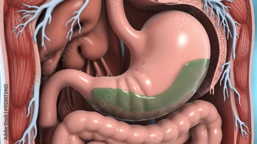 Human Stomach Interior Animation Displaying Acid and Enzyme Digestion Process. 4K Video