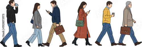 urban people walking illustration, diverse outfits, modern lifestyle, phone users, coffee cups, briefcases, flat vector art, everyday routine, city scene