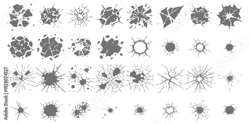 Large collection of vector crack explosion and break effects icons featuring broken glass ground cracks and bullet holes for graphic design