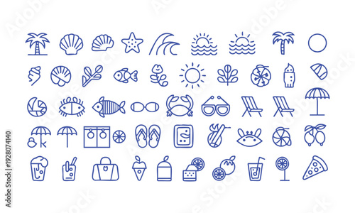Coastal lifestyle summer outline icon pack thin line vector illustration, easily editable.