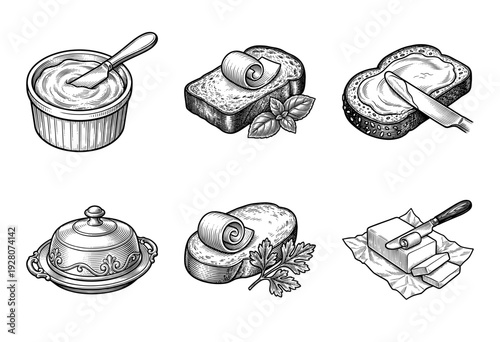 Vintage style engraving collection of butter servings including spreads on toast, butter curls, a butter dish, and a block on paper.