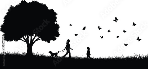 Black silhouette of woman walking dog and little girl under tree with butterflies