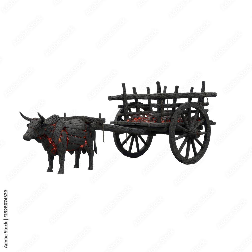 Fototapeta premium Fiery Ox Pulling Charred Wooden Cart