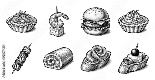 Vintage engraving style collection of assorted appetizers including canapes, sliders, seafood snacks, and savory tartlets for catering and restaurant menus.
