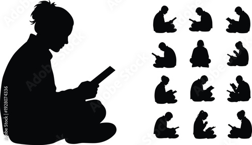 Black silhouettes of children sitting and reading books or tablets kids