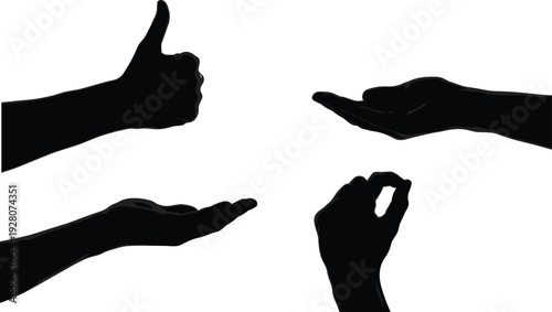 Black silhouette hands gesturing thumbs up okay and palm up gesture