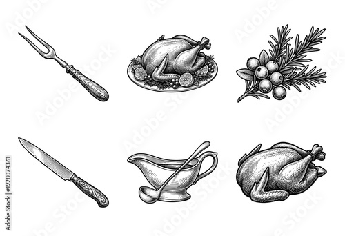 Vintage engraving style collection of roasted turkey, carving fork, knife, gravy boat, and rosemary garnish icons for holiday dinner and culinary design.