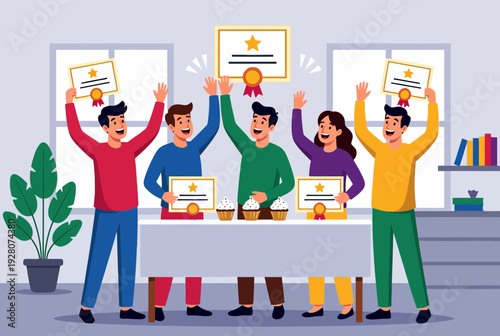 Flat vector illustration of a cheerful group high-fiving around a table with appreciation certificates and cupcakes, modern office