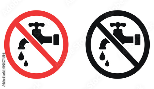 No water usage sign icon set, red and black color restriction symbols, water drop prohibition and conservation warning illustrations, editable vector