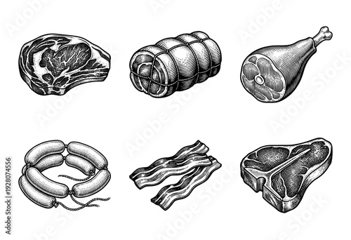 Vintage woodcut style collection of assorted raw meat cuts including steak, roast, ham, sausages, bacon, and t-bone steak on a white background.