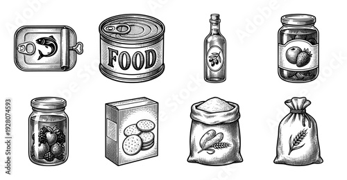Vintage woodcut style collection of pantry food staples including canned goods jars olive oil and grain sacks in black and white engraving