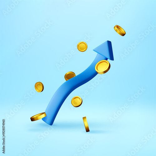 3d Blue arrow pointing upward with floating gold coins. Financial growth concept showing profit increase for business and investment. Vector illustration