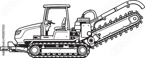 Track Mounted Trencher Black and White Line Art Utility Construction Machinery Illustration.eps