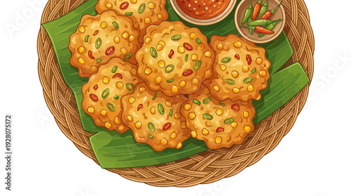 Traditional Indonesian Bakwan Jagung on Rattan Plate Vector Illustration
