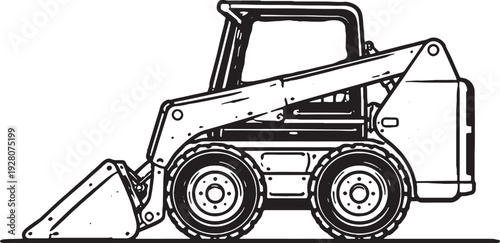 Skid Steer Loader Black and White Line Art Compact Construction Equipment Vector.eps