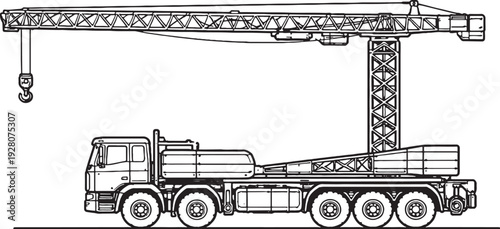 Mobile Tower Crane Black and White Line Art Heavy Lifting Construction Equipment Illustration.eps