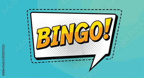 Vibrant comic book bingo sound effect bubble featuring bold yellow and orange typography on a dotted background with a teal border.