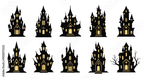 Set of ten spooky haunted house and castle silhouettes with yellow glowing windows for halloween and horror themed graphic designs.