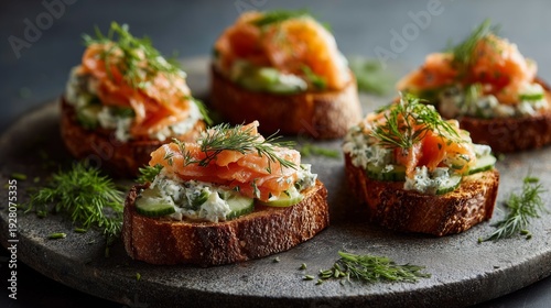 rustic smoked salmon cucumber crostini with herbed cream cheese