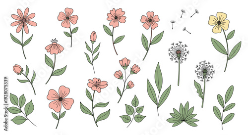 Collection of dainty floral and leaf illustrations in soft pink, yellow, and green colors on a clean white background for spring designs.