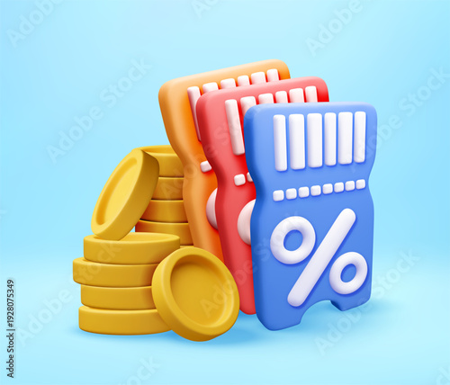3d Blue coupon with percent sign and barcode, behind colorful vouchers and stack of coins. Discount promotion and savings concept. Vector illustration