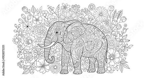 Intricate adult coloring page of a large elephant standing amidst a dense garden of decorative flowers and leaves in line art style.
