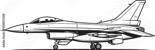 Military Style Fighter Jet Generic Black and White Line Art Defense Aircraft Side View.eps
