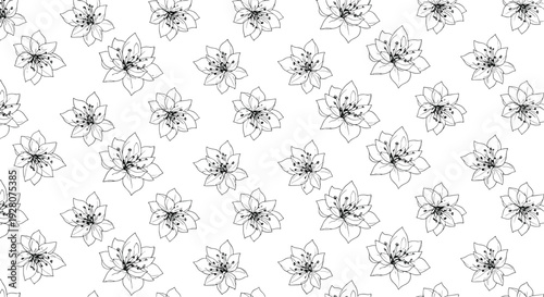 Seamless black and white pattern featuring stylized lily or lotus flowers for elegant fabric, wallpaper, and stationery designs.