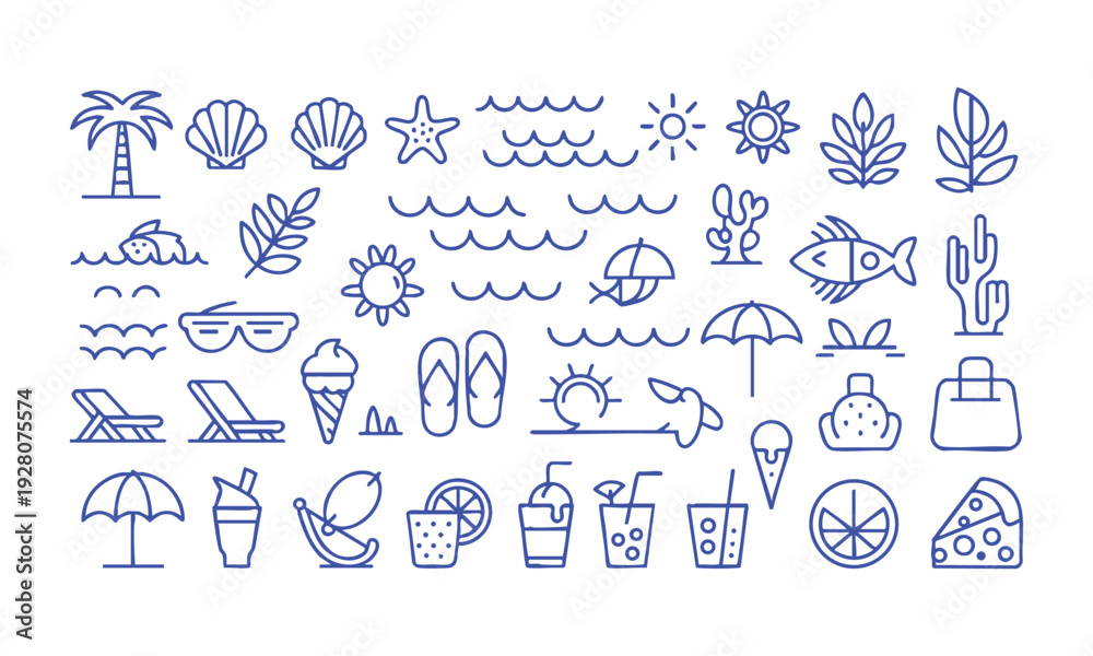 Fototapeta premium Vacation beach elements thin line icon set isolated collection vector illustration set, easily editable.