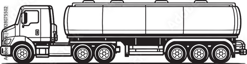 Fuel Tanker Truck Black and White Line Art Hazardous Material Transport Vehicle Side View.eps