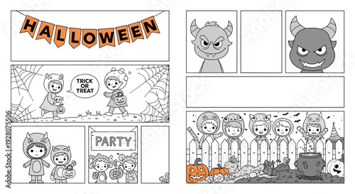 Halloween comic page for children featuring kids in costumes, monsters, a halloween party sign, and trick or treat scenes in line art.