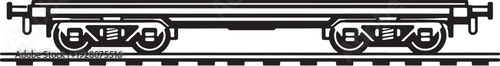 Flatbed Rail Wagon Black and White Line Art Industrial Freight Train Car Vector.eps