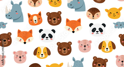 Seamless pattern of adorable cartoon animal faces including foxes bears pandas and dogs on a clean white background for nursery decor.