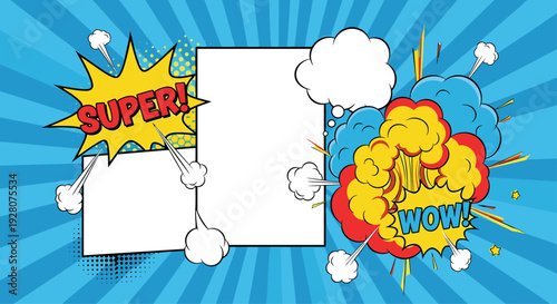 Comic book page layout template with dynamic action words like super and wow alongside empty panels for custom storytelling and design.