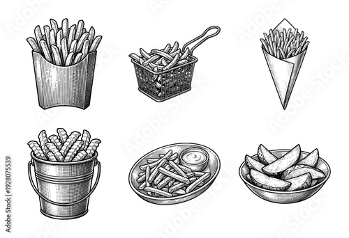 Vintage engraving set of fried potato snacks including french fries, crinkle cut chips, and wedges in various containers and bowls with dipping sauce.
