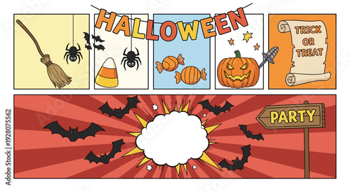 Spooky halloween themed comic strip panels featuring bats pumpkins candy corn and a party sign for festive holiday invitations and cards.