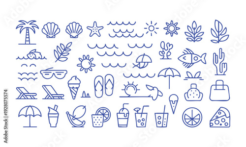 Vacation beach elements thin line icon set isolated collection vector illustration set, easily editable.