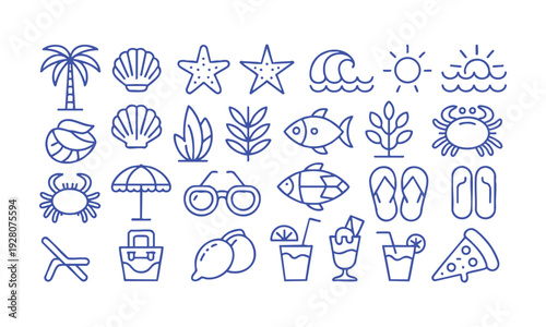 Hand drawn style beach icons thin outline summer vector illustration set, easily editable.
